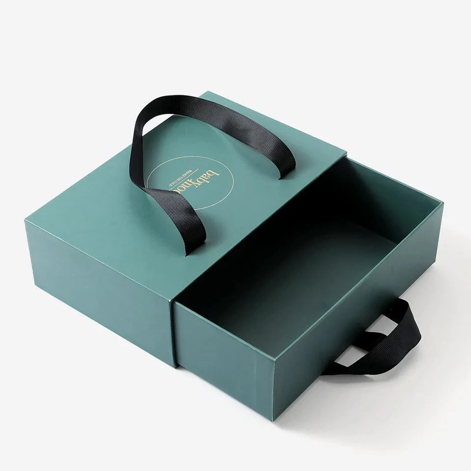 Friendly Custom Logo Printed Hard Rigid Recycle Style Cardboard Paper Packaging Drawer Sliding Gift Box With Ribbon Handle