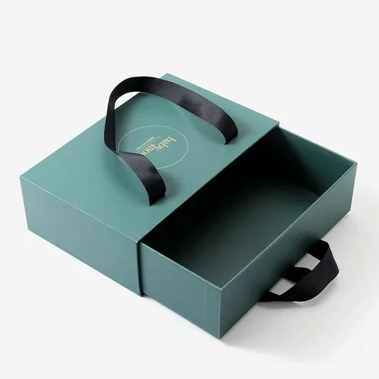 Friendly Custom Logo Printed Hard Rigid Recycle Style Cardboard Paper Packaging Drawer Sliding Gift Box With Ribbon Handle